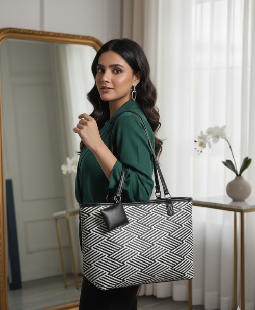 Chic Black & White Geometric Tote Bag – Modern Minimalist Shoulder Handbag
