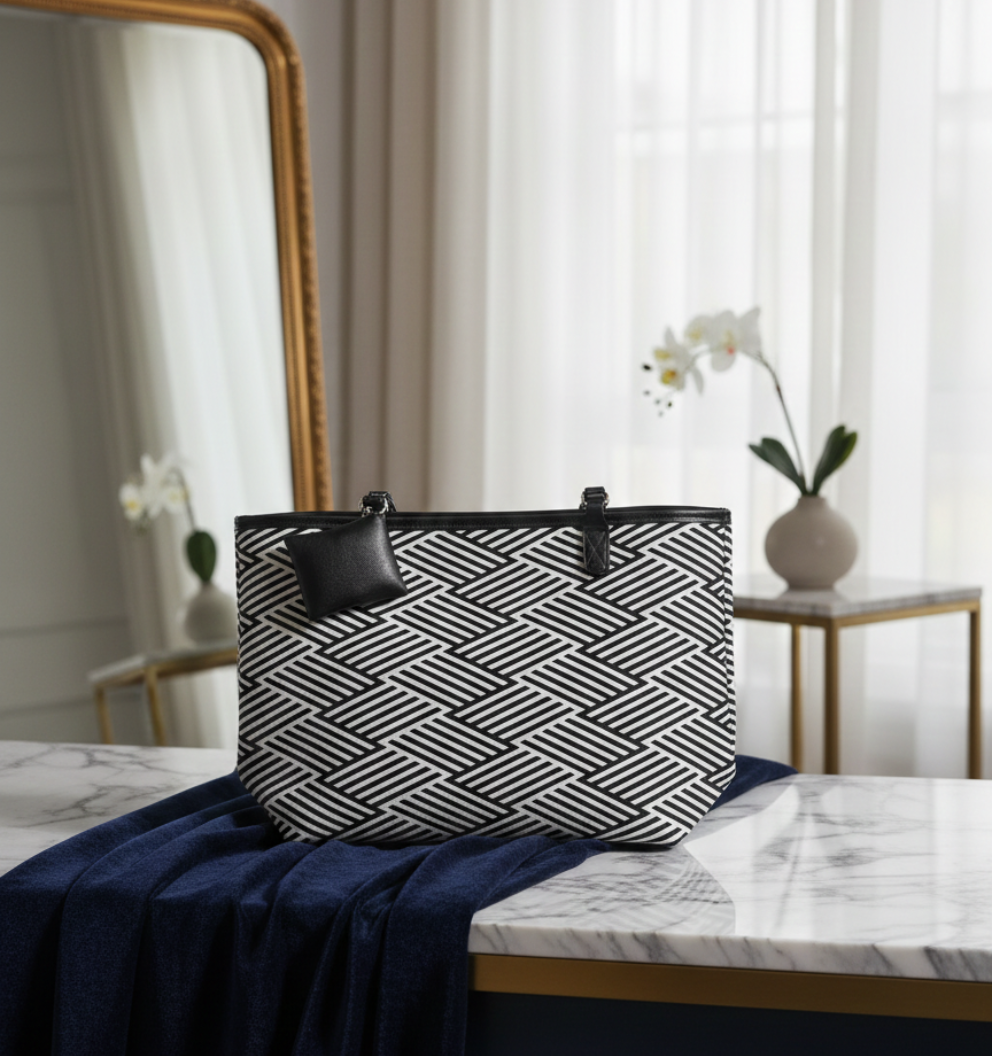 Chic Black & White Geometric Tote Bag – Modern Minimalist Shoulder Handbag